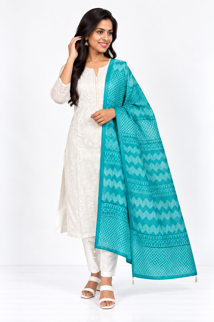 White Embroidered Salwar Set with Sky Blue Shibori-Print Dupatta