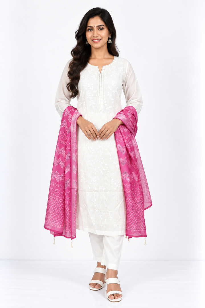 White & Pink Embroidered Salwar Set