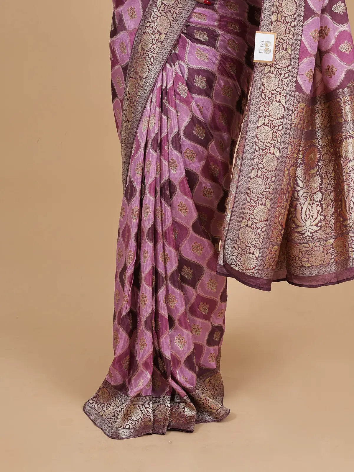Satin Crepe Silk Saree – Ranghat Pattern (Plum & Pink)