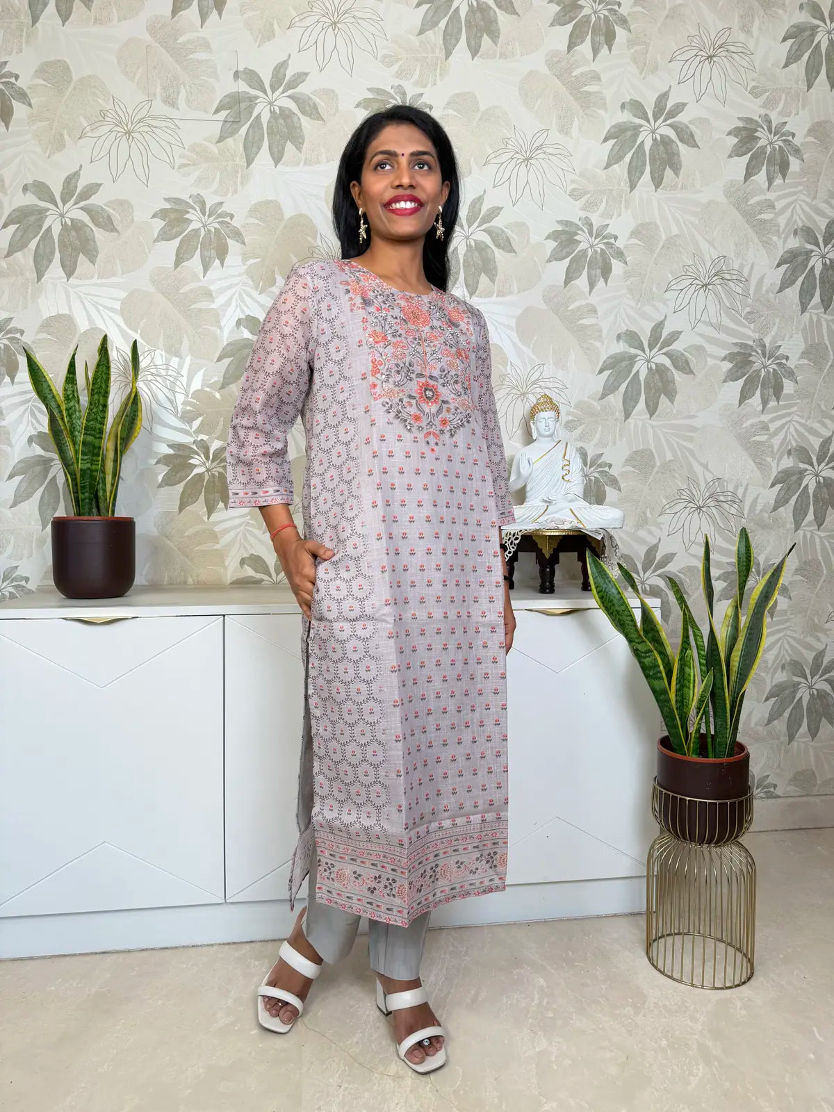 Grey Linen Cotton Salwar Set with Floral Design