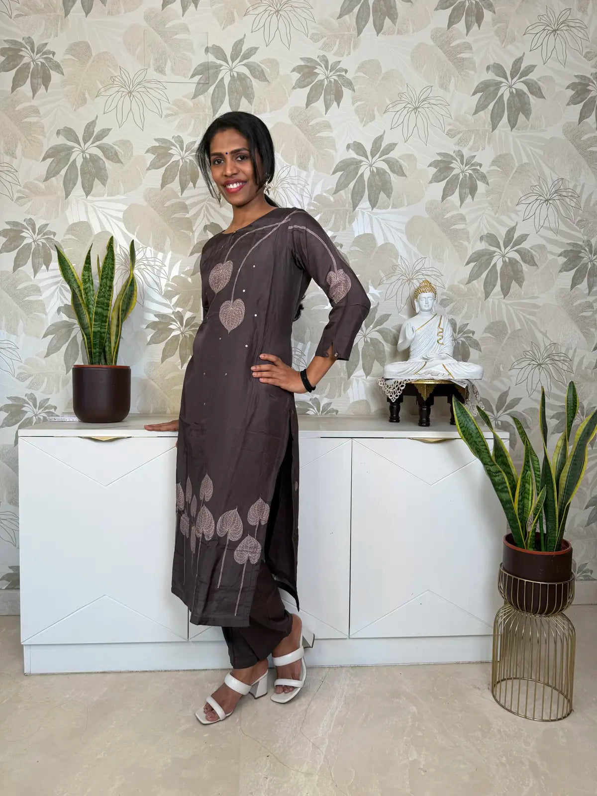 Brown Digital Print Salwar Set with Leaf Pattern