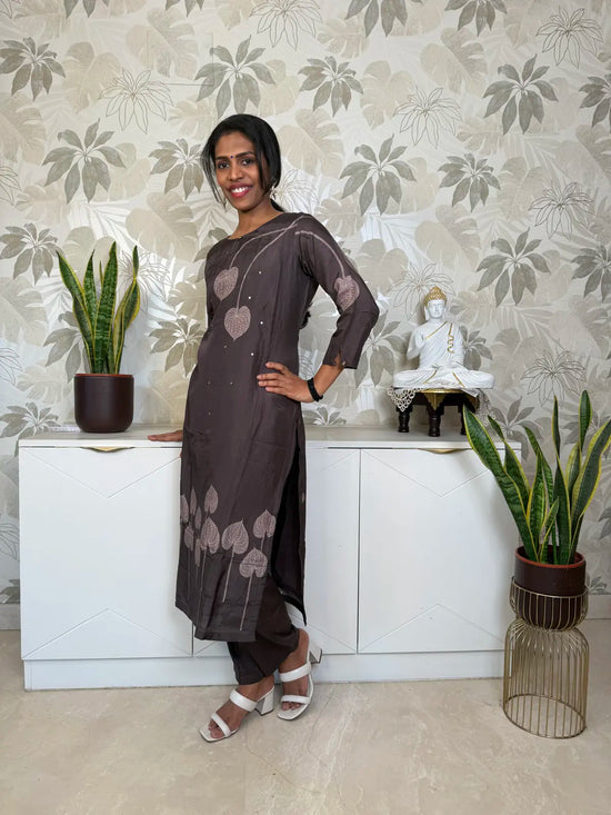 Brown Digital Print Salwar Set with Leaf Pattern