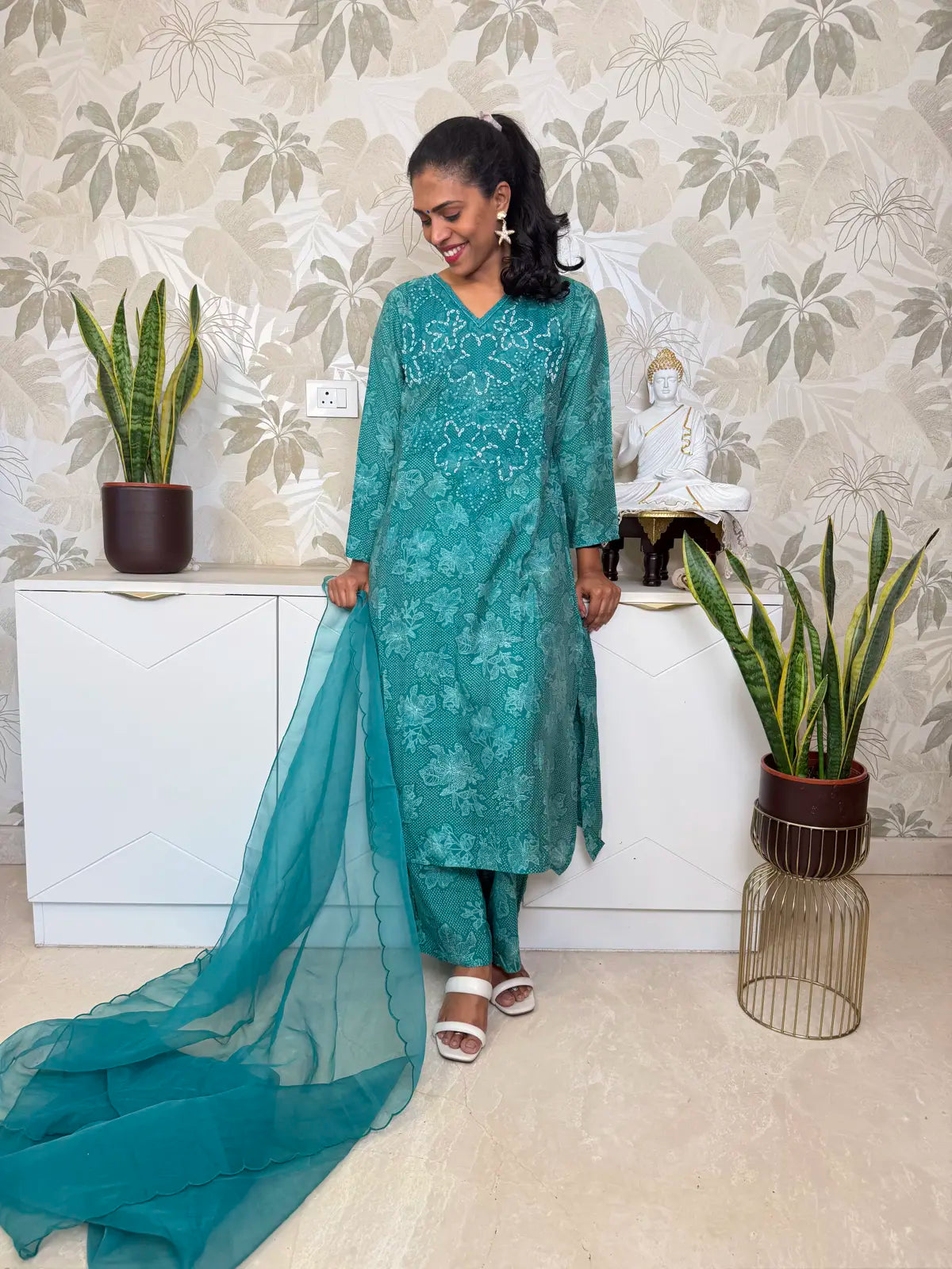 Green Muslin Cotton Salwar Set with Appliqué Work