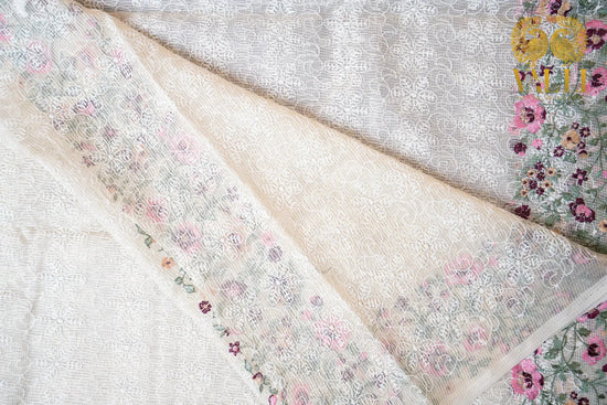 Off-White Kota Cotton Saree with Chikankari & Multicolour Floral Border Embroidery