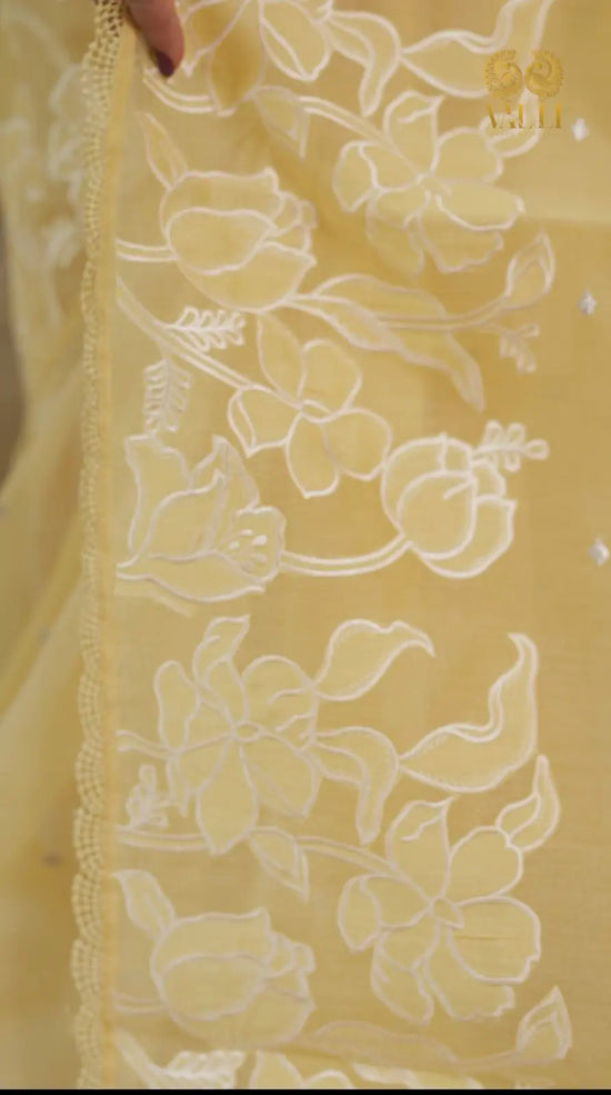 Soft Yellow Embroidered Saree With digital print blouse 