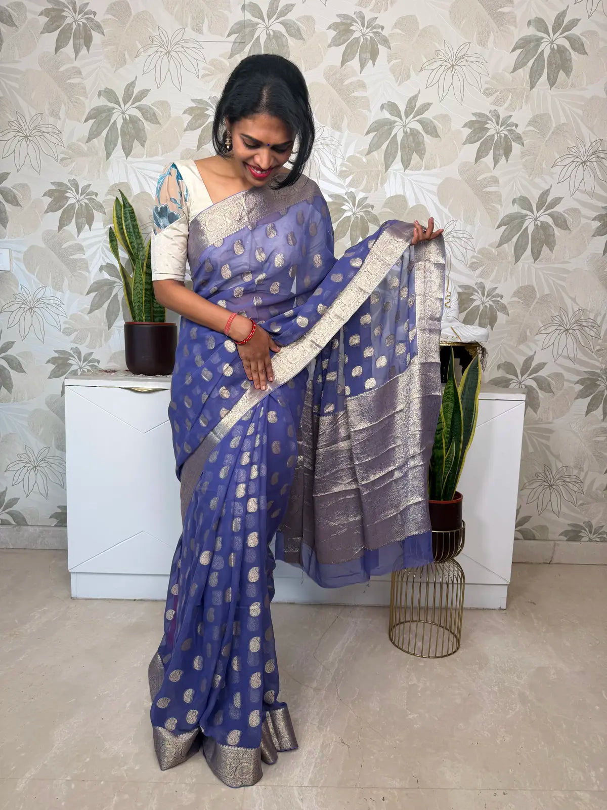 Violet Blue Chiffon Saree with Mango (Paisley) Butti Design