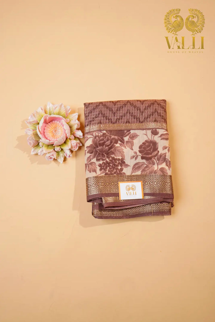 Cotton Zig Zag Saree – Brown Viscose Cotton with Zari Checks & Floral Border