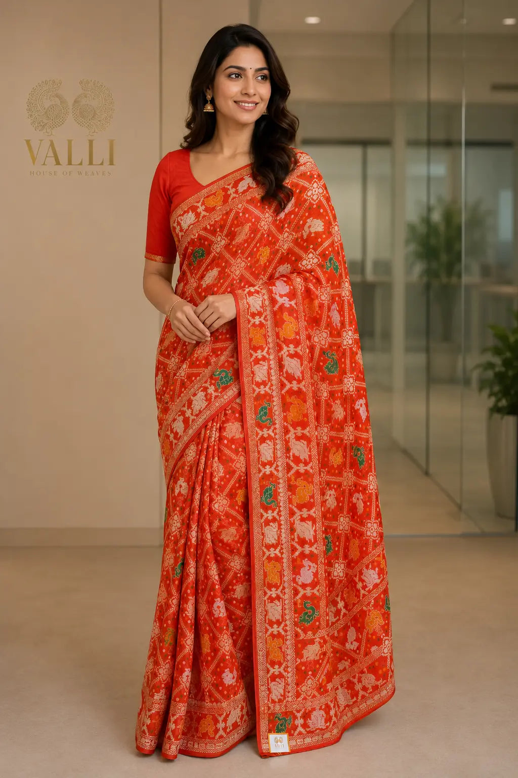 Vibrant Orange Banarasi Georgette Silk Saree with Bird Jaal Weave
