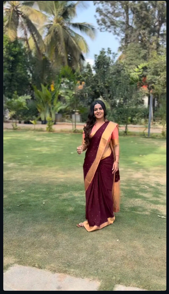 Pure Mysore Crepe Silk Saree Maroon + peach 