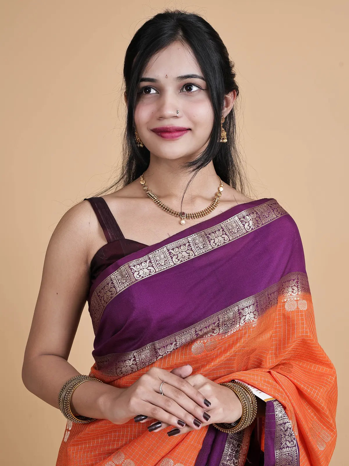 Dual-Tone Pure Silk Saree – Royal Purple & Vibrant Orange Grace meets grandeur