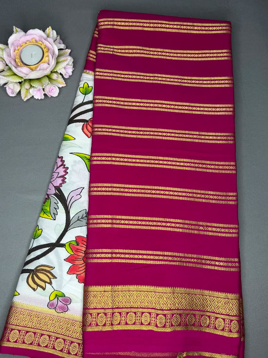 Stripes Kantha pure Mysore crepe Rani pink 
