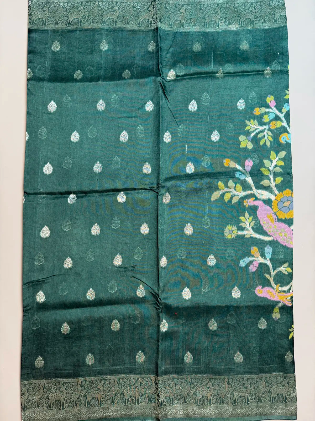 Banarasi Tussar Georgette Saree in Bottle Green with Shikargah Pallu