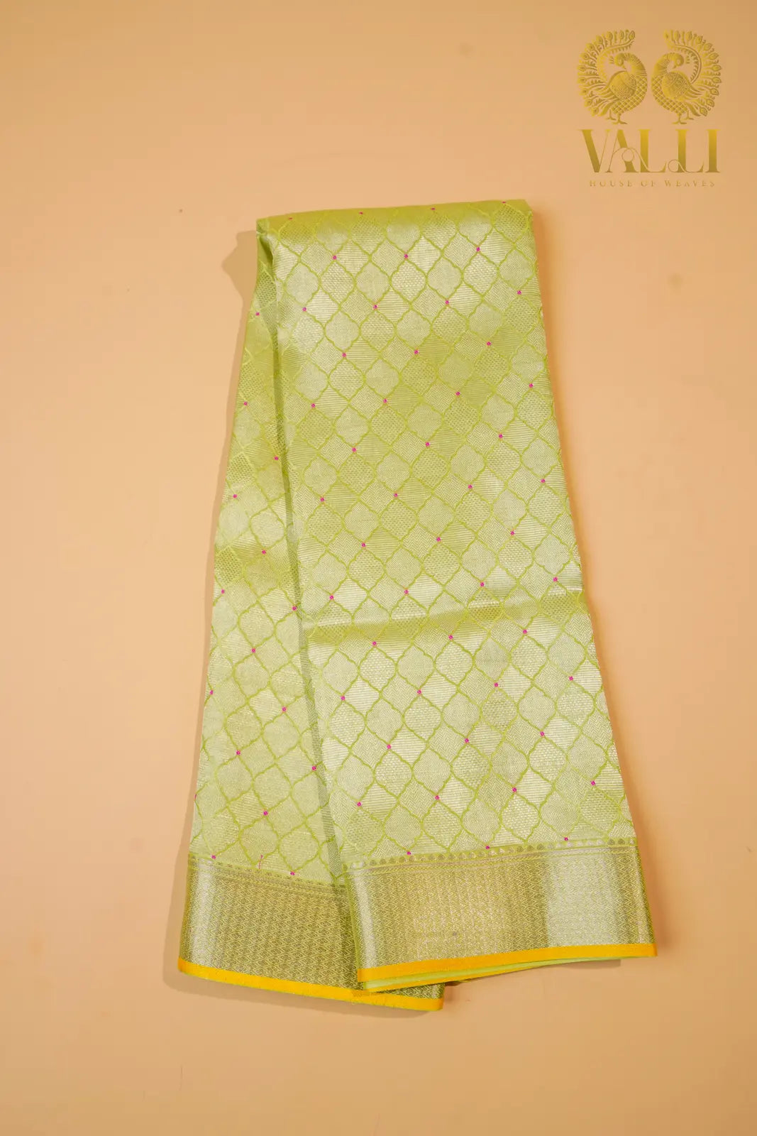 Lime Green Banarasi Crepe Silk Saree with Yellow Selvage