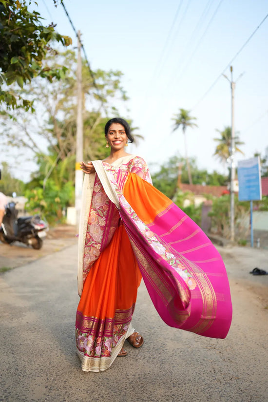 Pure Crepe Mysore Silk Saree with Embroidery & Contrast Pink Pallu