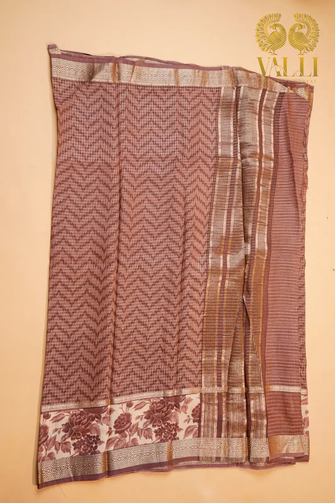Cotton Zig Zag Saree – Brown Viscose Cotton with Zari Checks & Floral Border