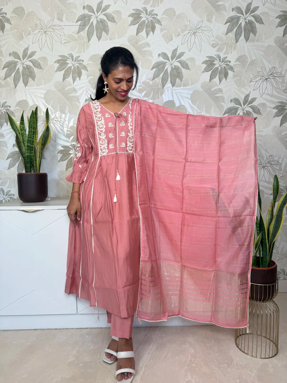 Peach Pink A-Line Salwar Set with Neck Embroidery
