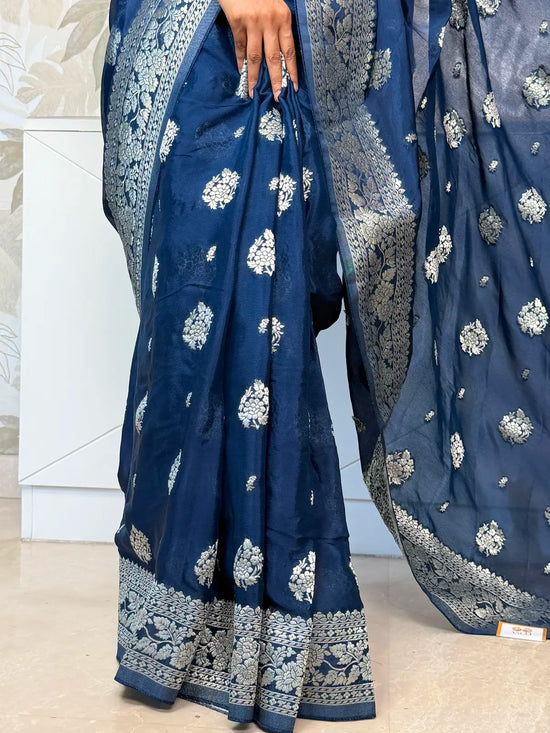 Banarasi Georgette Saree – Classic Blue with Silver Zari Floral Motifs