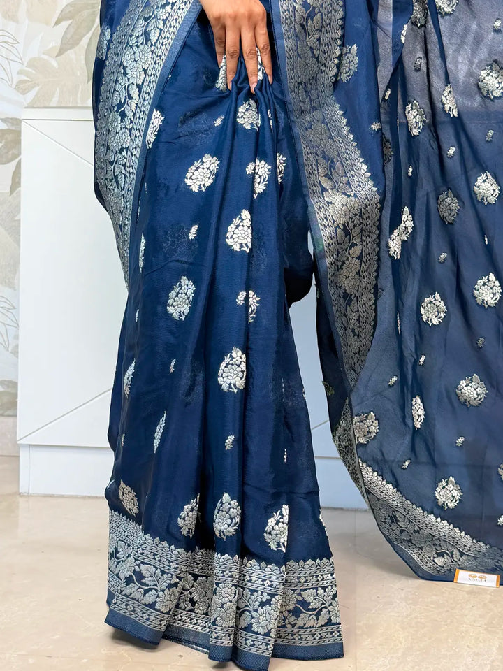 Banarasi Georgette Saree – Classic Blue with Silver Zari Floral Motifs