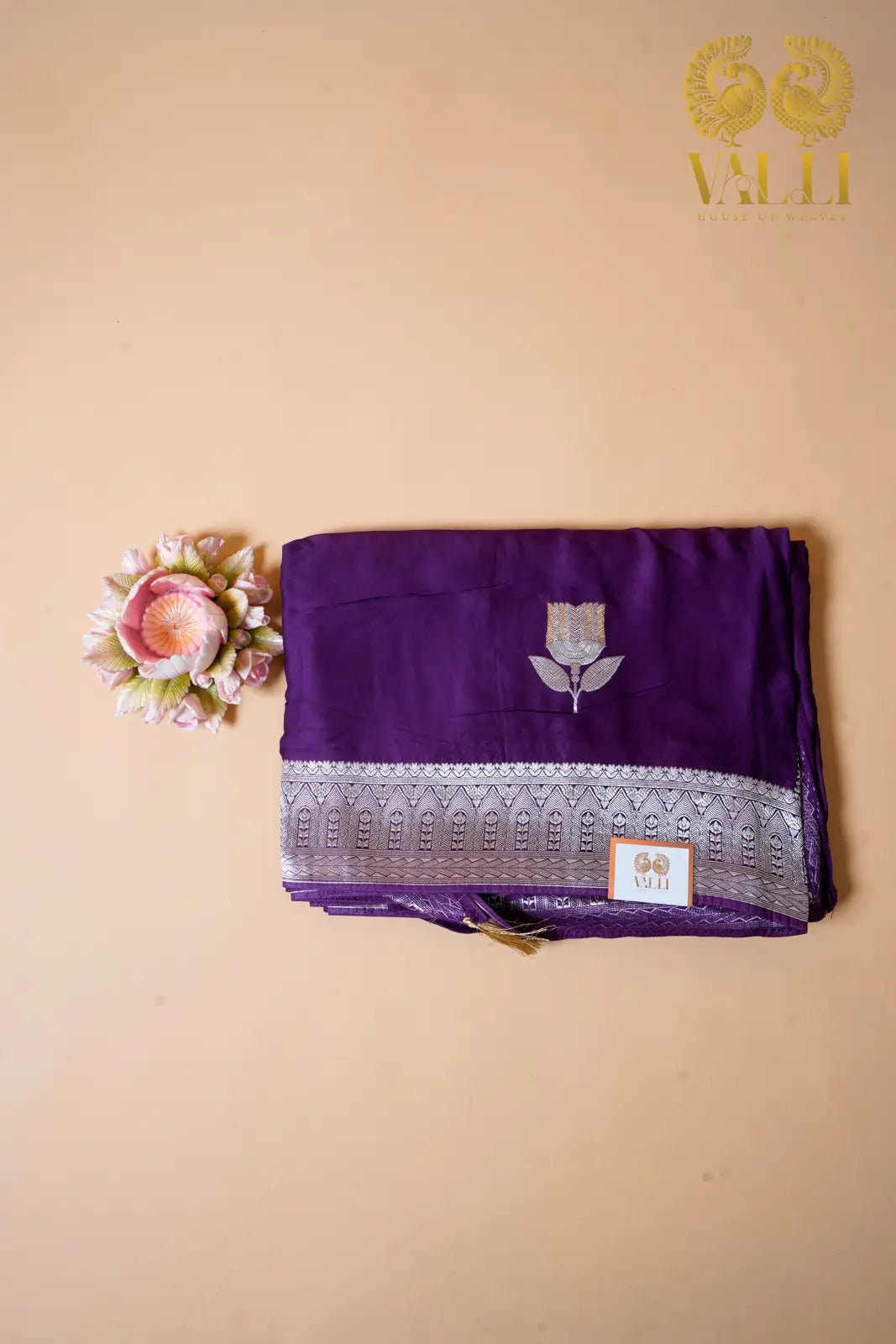 Satin Banarasi Saree – Rich Purple with Zari Flower Motif & Heavy Brocade Pallu