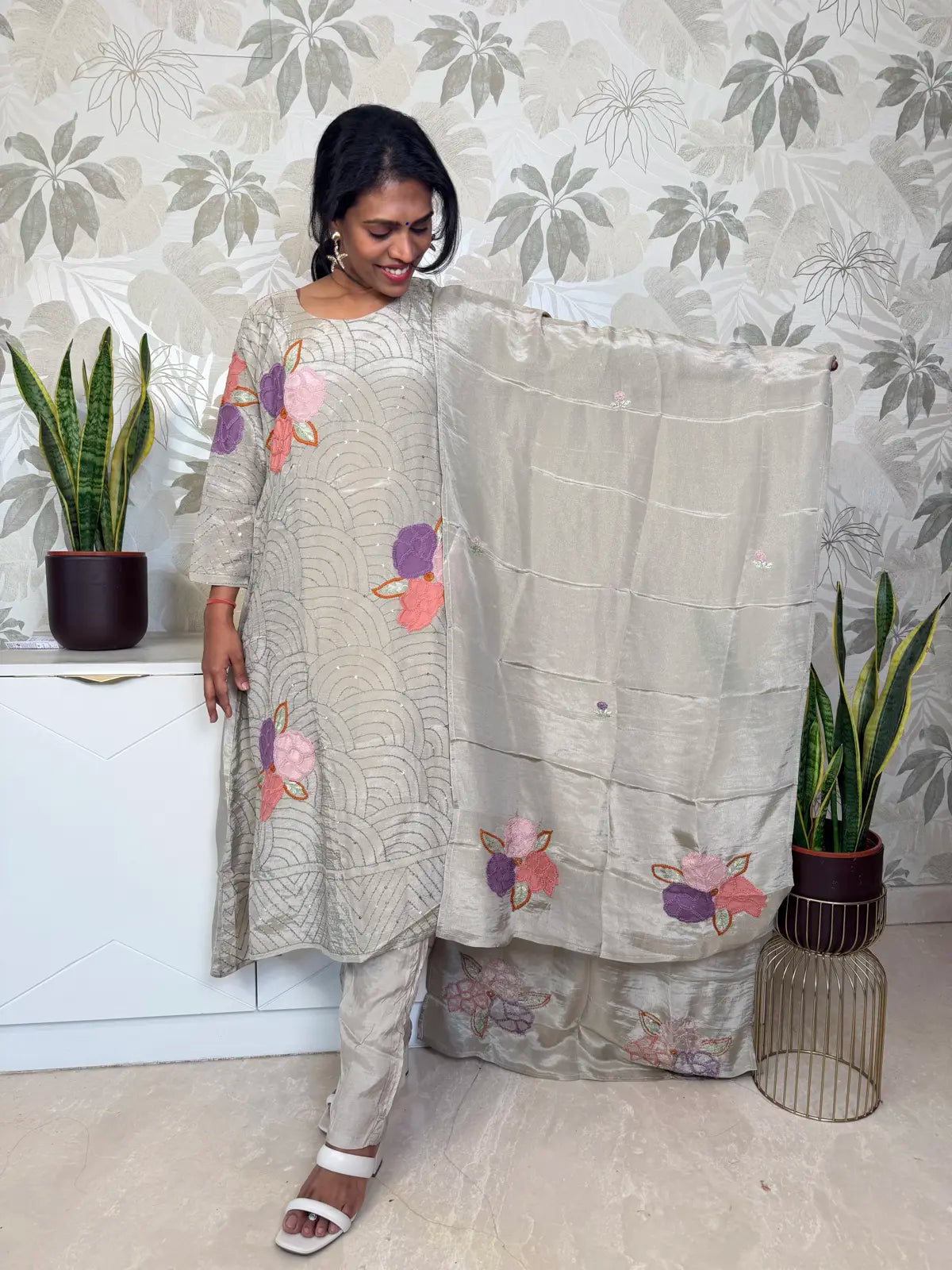 Greyish Green A-Line Salwar Set with Floral Patch Embroidery