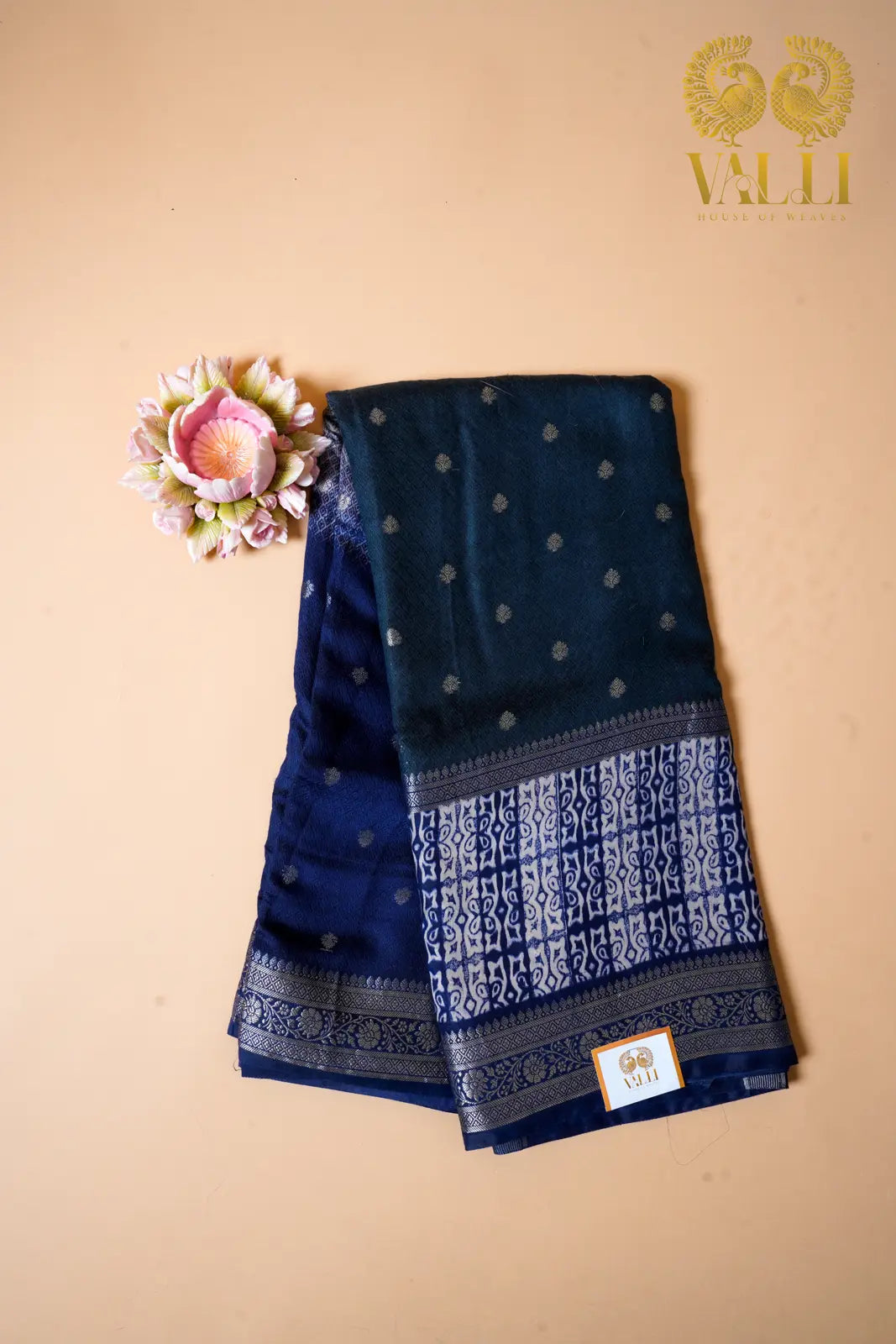 Royal Blue Handwoven cotton  Printed Saree with Silver Zari Border