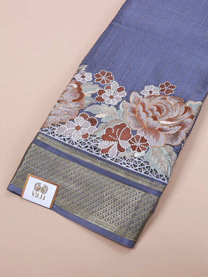 Pure Crepe Silk Saree – Grey with Floral Embroidery