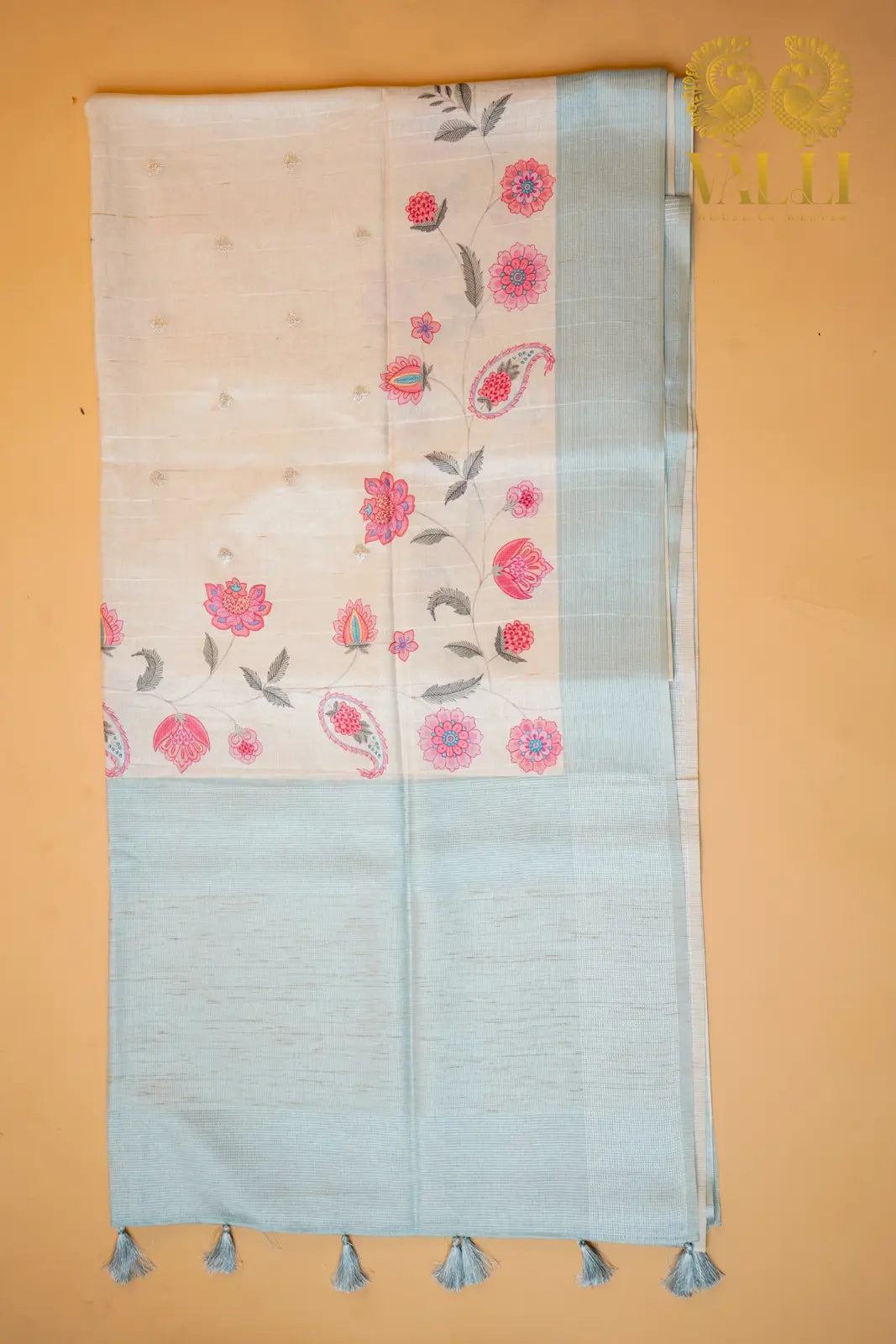 Ivory & Pastel Blue Tussar Silk Saree with Floral Digital Print & Zari Border