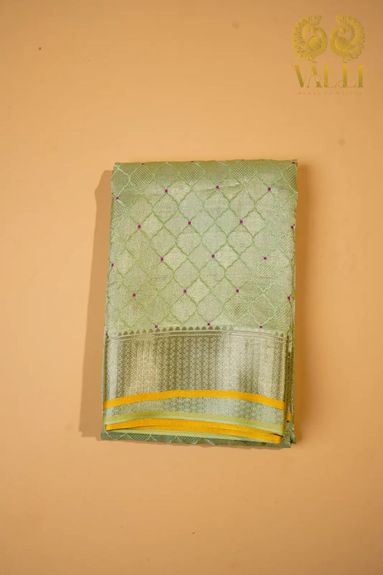 Pastel Green Banarasi Crepe Silk Saree with Yellow Selvage