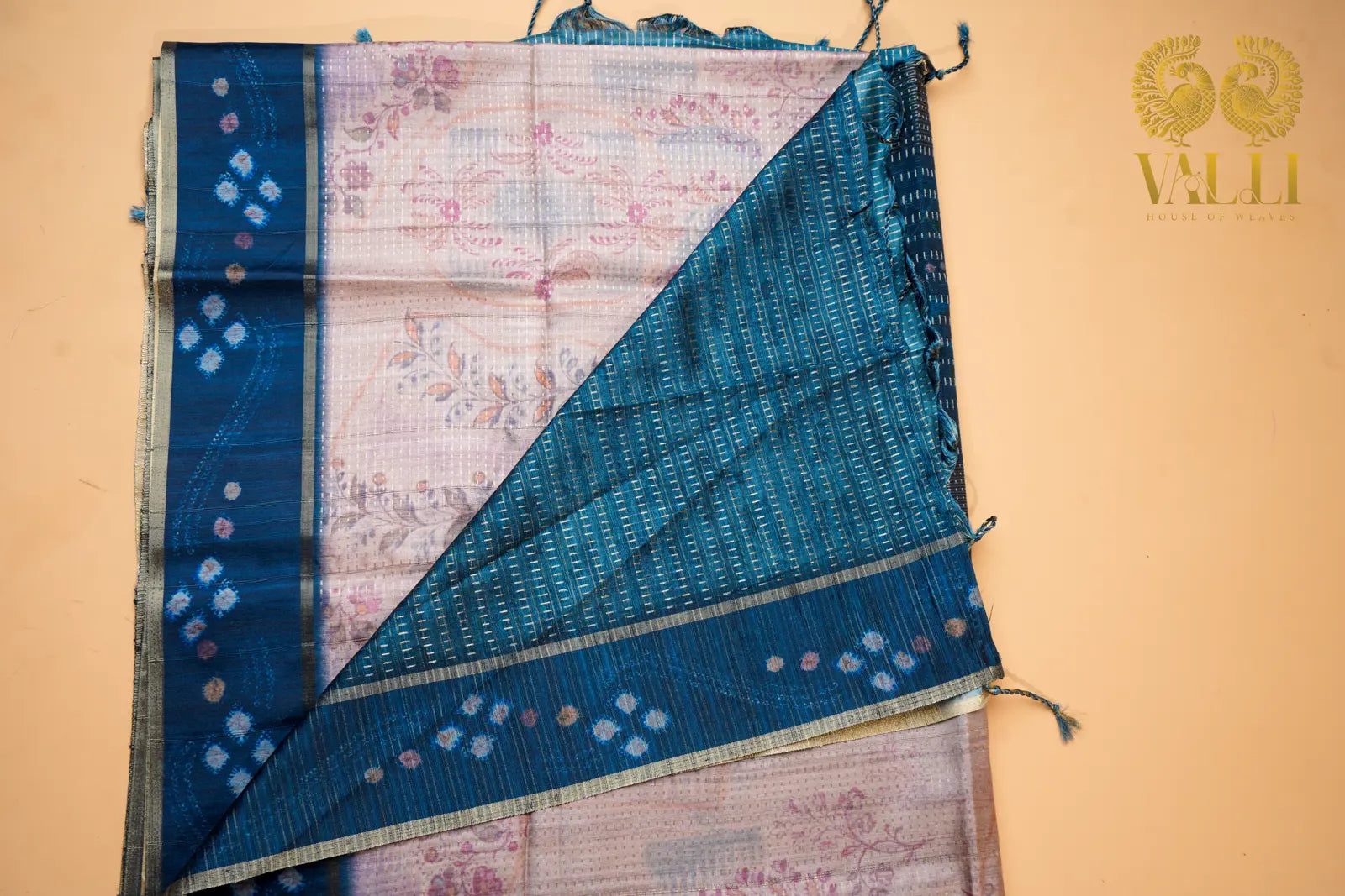 Eco print tussar saree beige +Teal blue 
