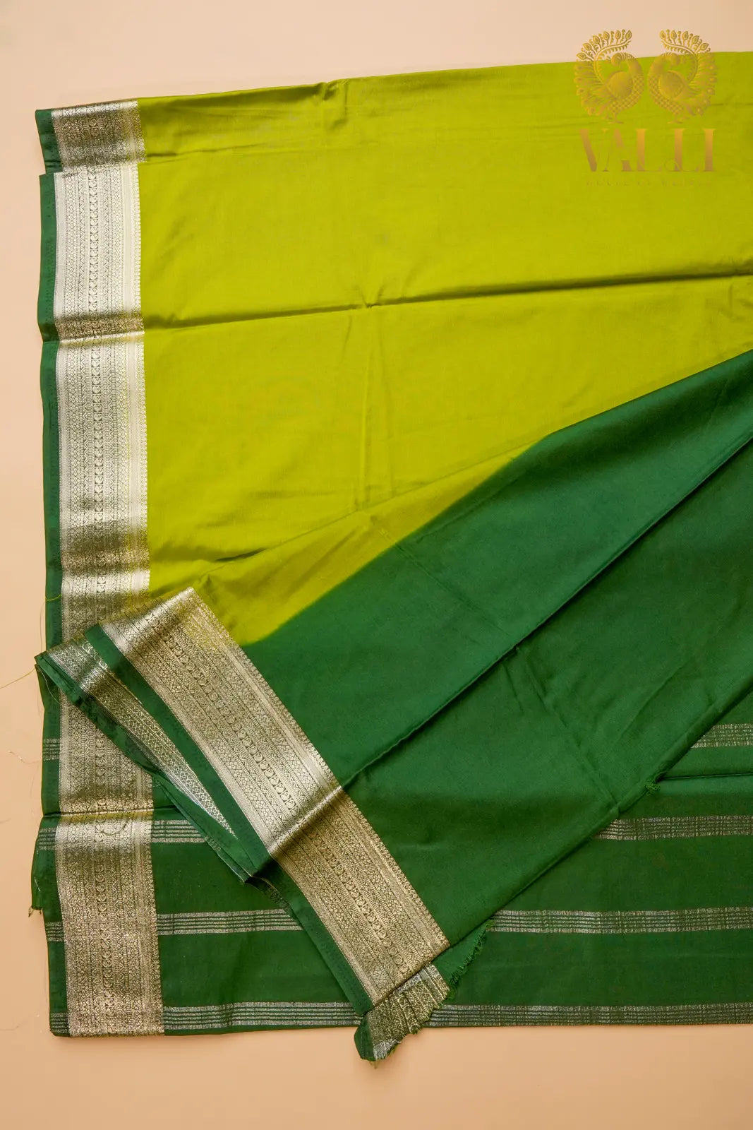 Contrast Border Semi Crepe Silk Saree with Silver Zari Border & Pallu -mehendi green + dark green 