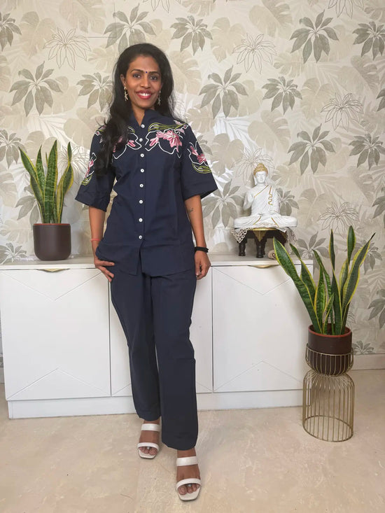 Navy Blue Cotton Co-ord Set with Embroidered Shirt