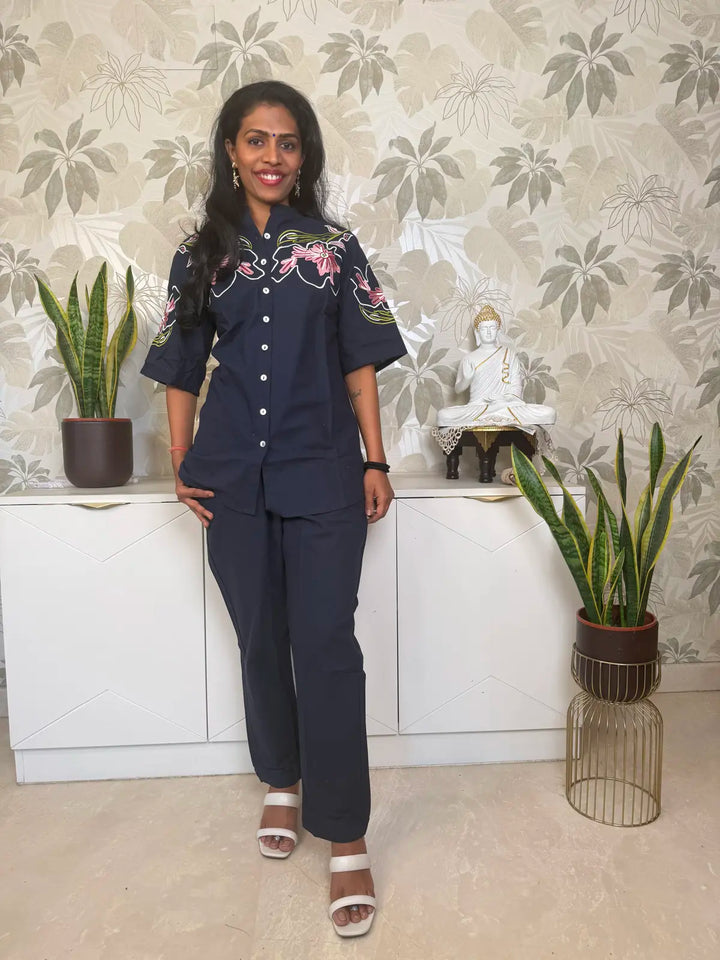 Navy Blue Cotton Co-ord Set with Embroidered Shirt