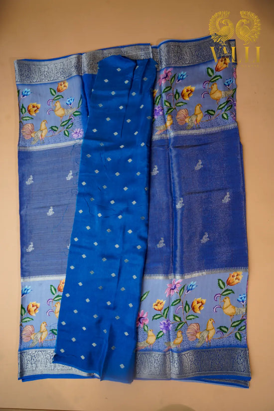 Printed Silk Saree with Zari Border – Royal Blue with Floral & Bird Motifs