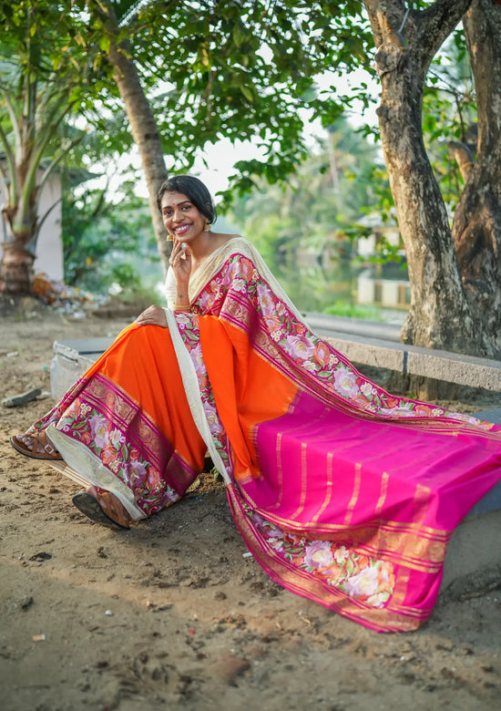 Pure Crepe Mysore Silk Saree with Embroidery & Contrast Pink Pallu