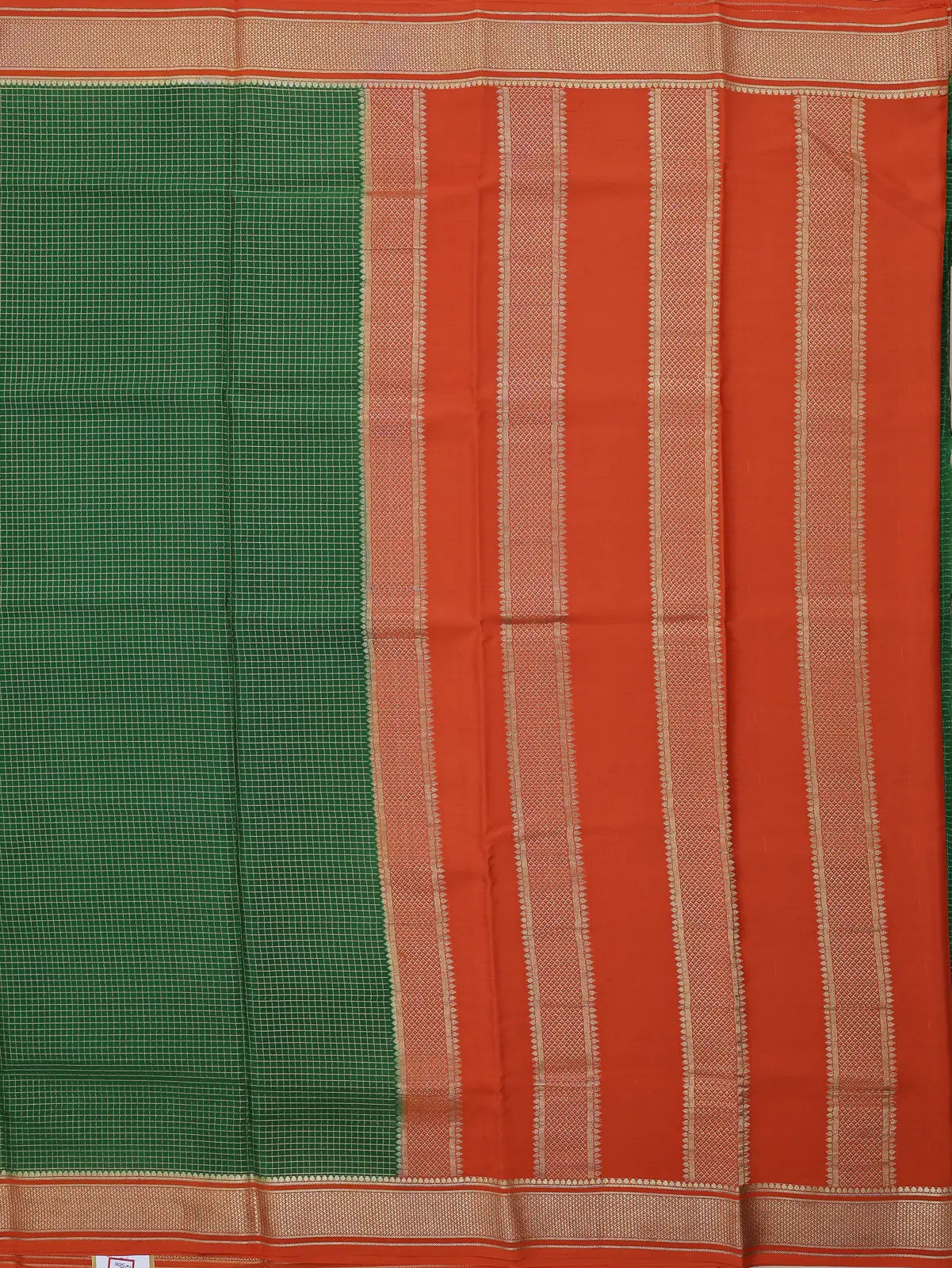 Checks Saree – Parrot Green with Orange Contrast