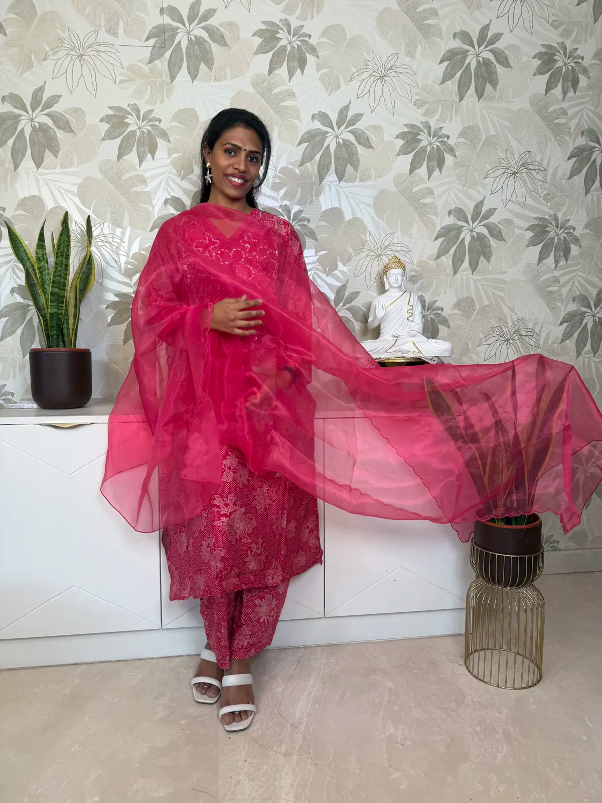Pink Muslin Cotton Salwar Set with Appliqué Neck Work