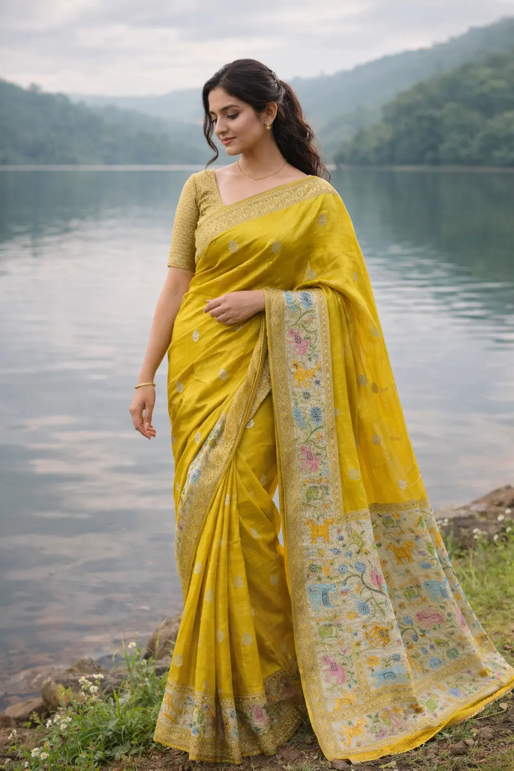 Mustard Yellow Shibori Tussar Georgette Saree with Pichwai Weave