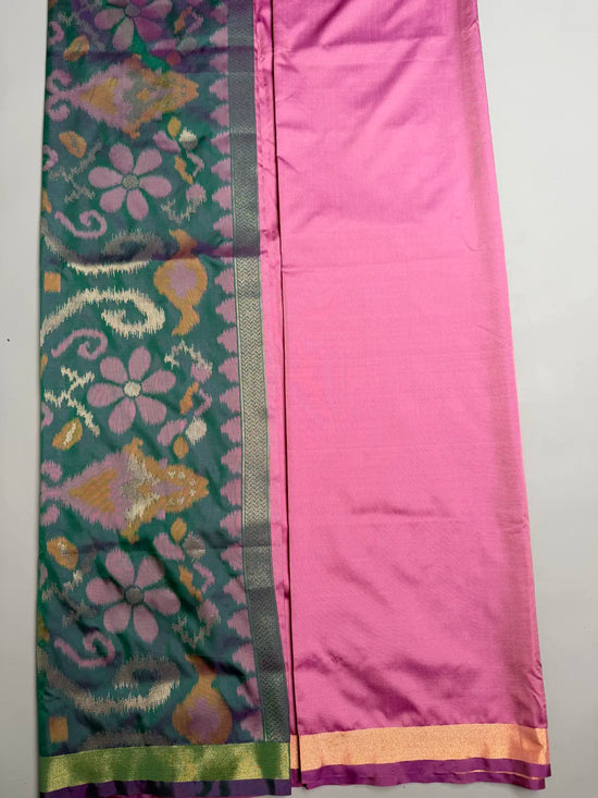 Onion Pink Saree with Heavy Ikat Green Pallu & Brocade Blouse