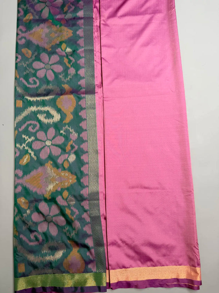 Onion Pink Saree with Heavy Ikat Green Pallu & Brocade Blouse