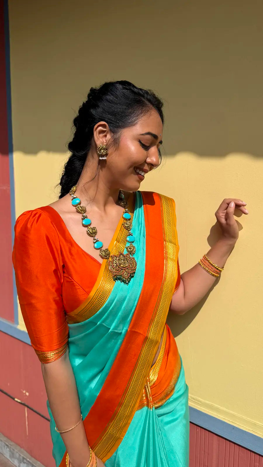   Pure Mysore Crepe Silk Saree – Rama Blue with Fanta Orange Contrast