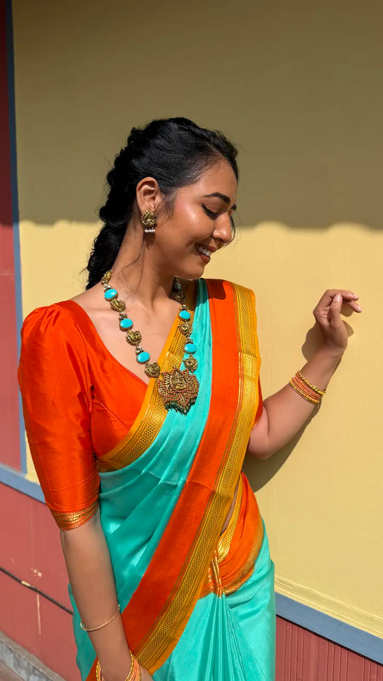   Pure Mysore Crepe Silk Saree – Rama Blue with Fanta Orange Contrast