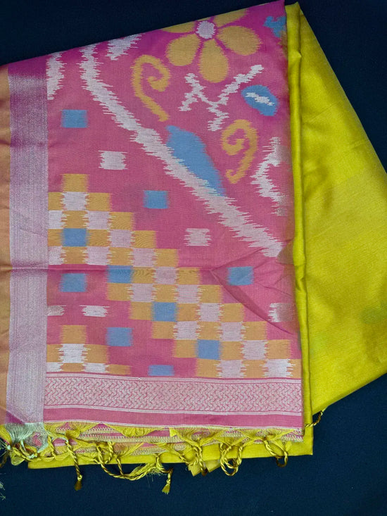Ikkat Pallu Semi Silk Saree – Yellow Body with Heavy Ikkat Pallu & Pink Brocade Blouse
