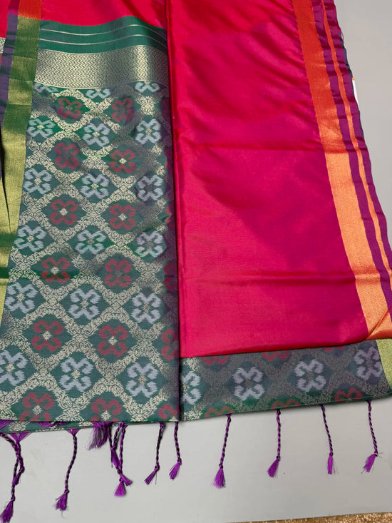 Rani Pink Saree with Heavy Ikat Green Pallu & Zari Border