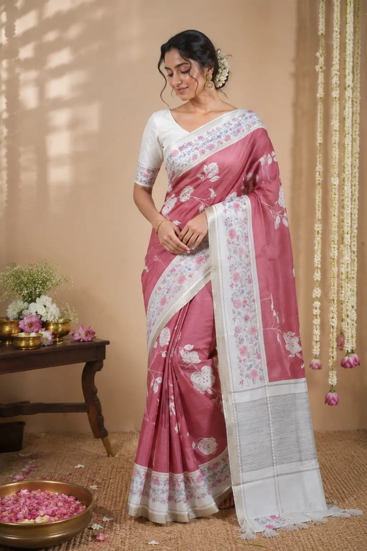 Peach tussar saree digital print 