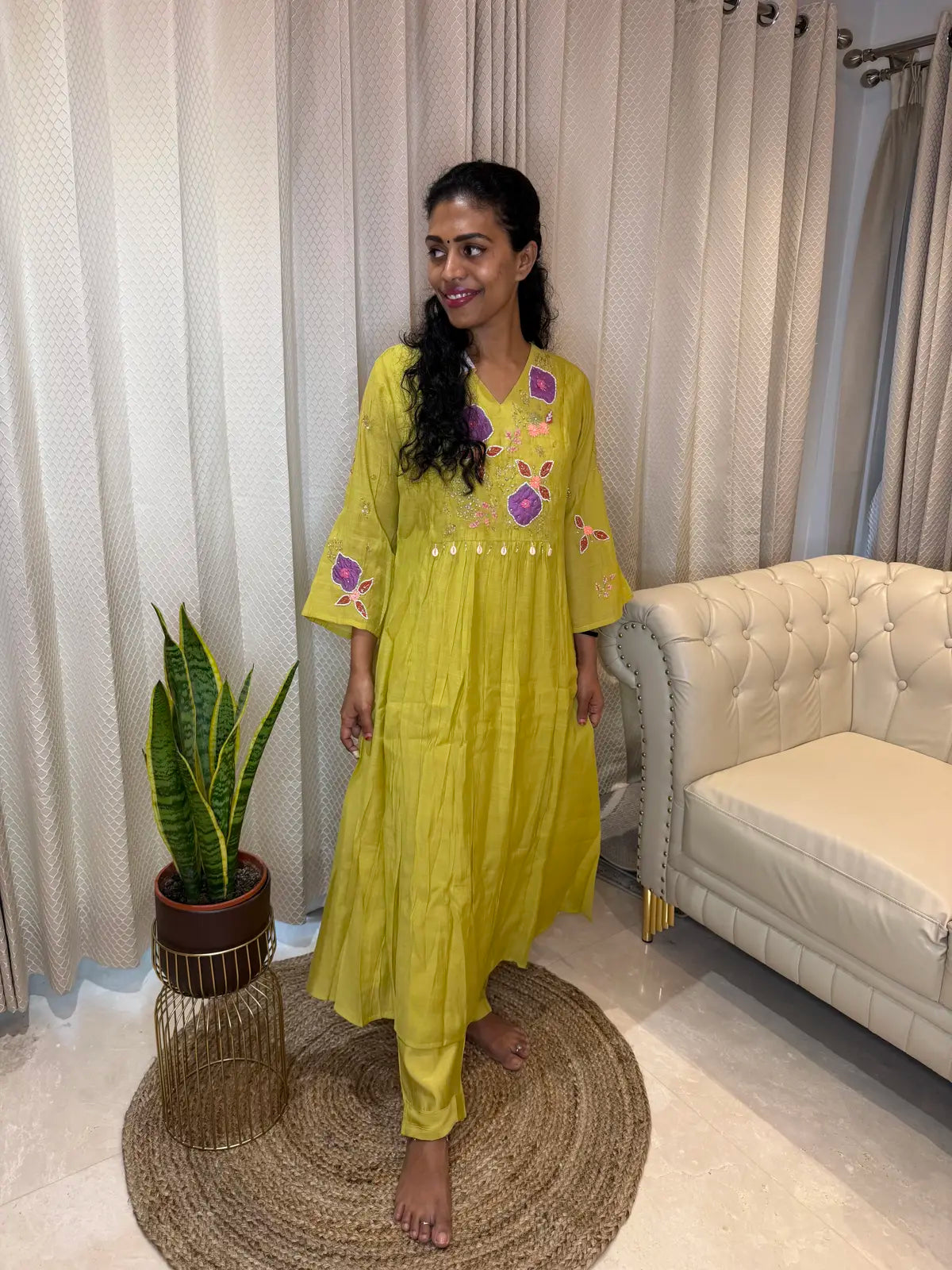 Lemon green  salwar set with pearl work v neck. A LINE SALWAR