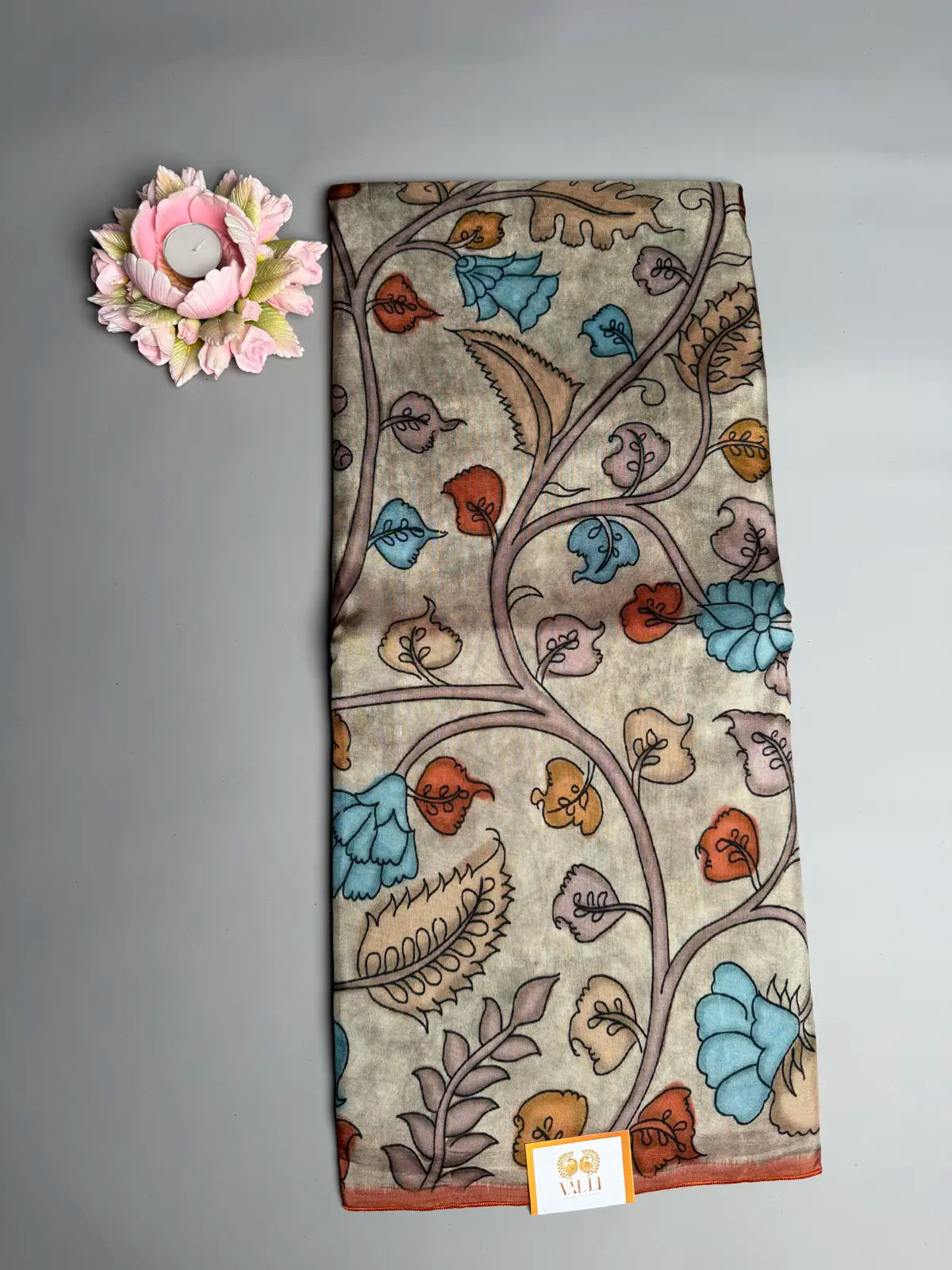 Kalamkari  crep silk saree gray and cinnamon colour 