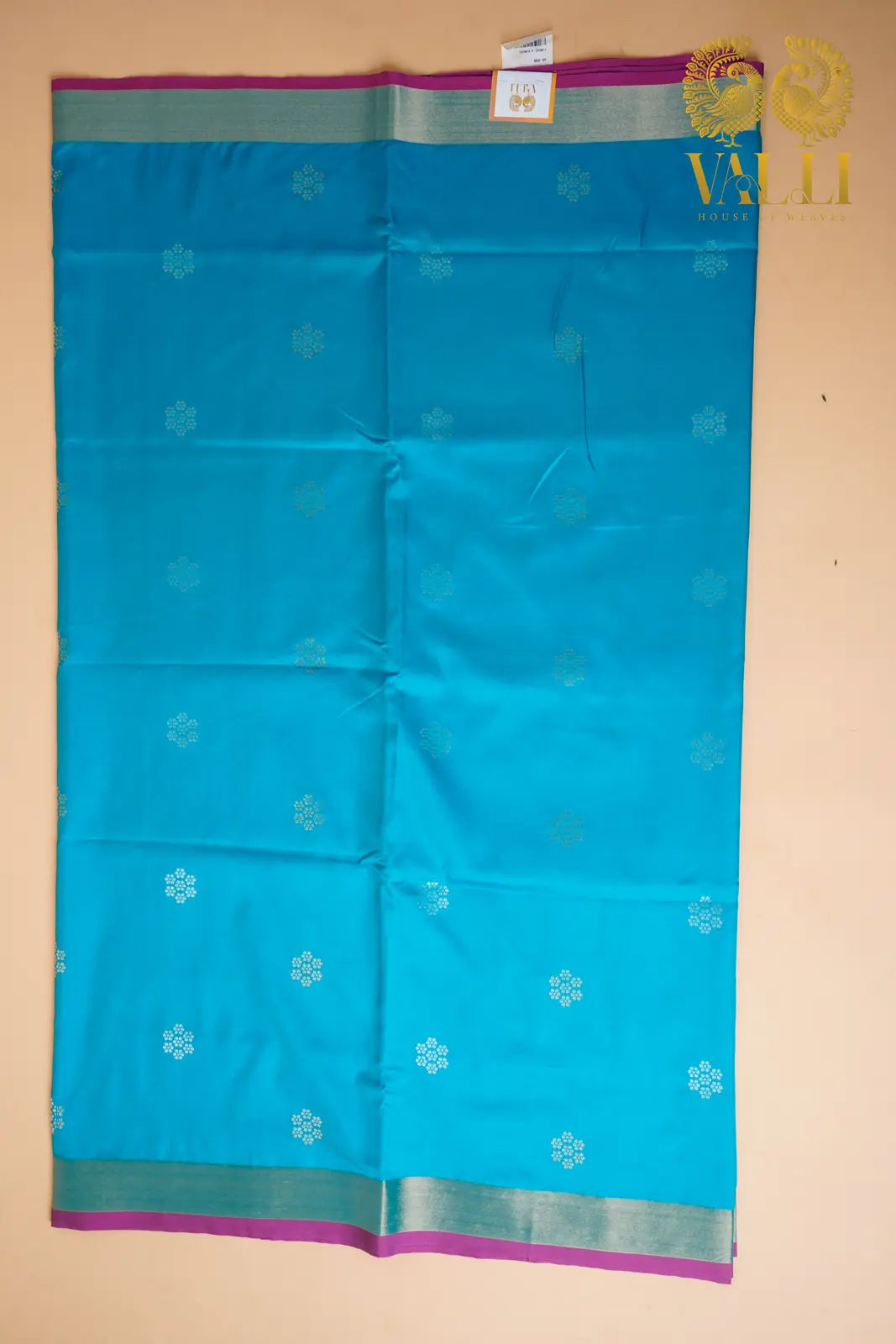 Teal Blue Soft Silk Saree with Floral Motifs & Rich Pink Pallu
