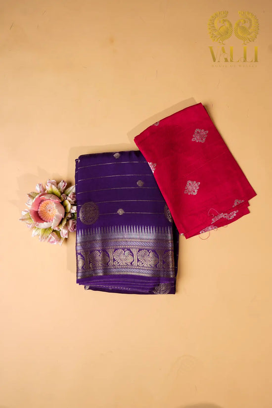 Contrast Zari Woven Silk Saree – Royal Purple with Red Blouse