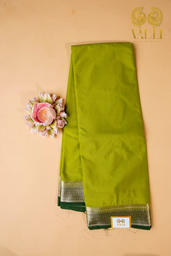 Contrast Border Semi Crepe Silk Saree with Silver Zari Border & Pallu -mehendi green + dark green 
