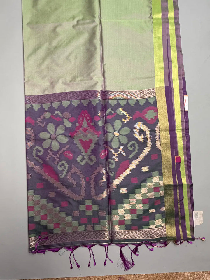 Olive Green Saree with Heavy Ikat Purple Pallu & Zari Border